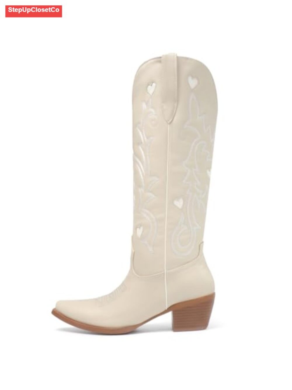 Women's Cowboy Boots with Hearts Embroidery Knee High Chunky Heel Western Boots